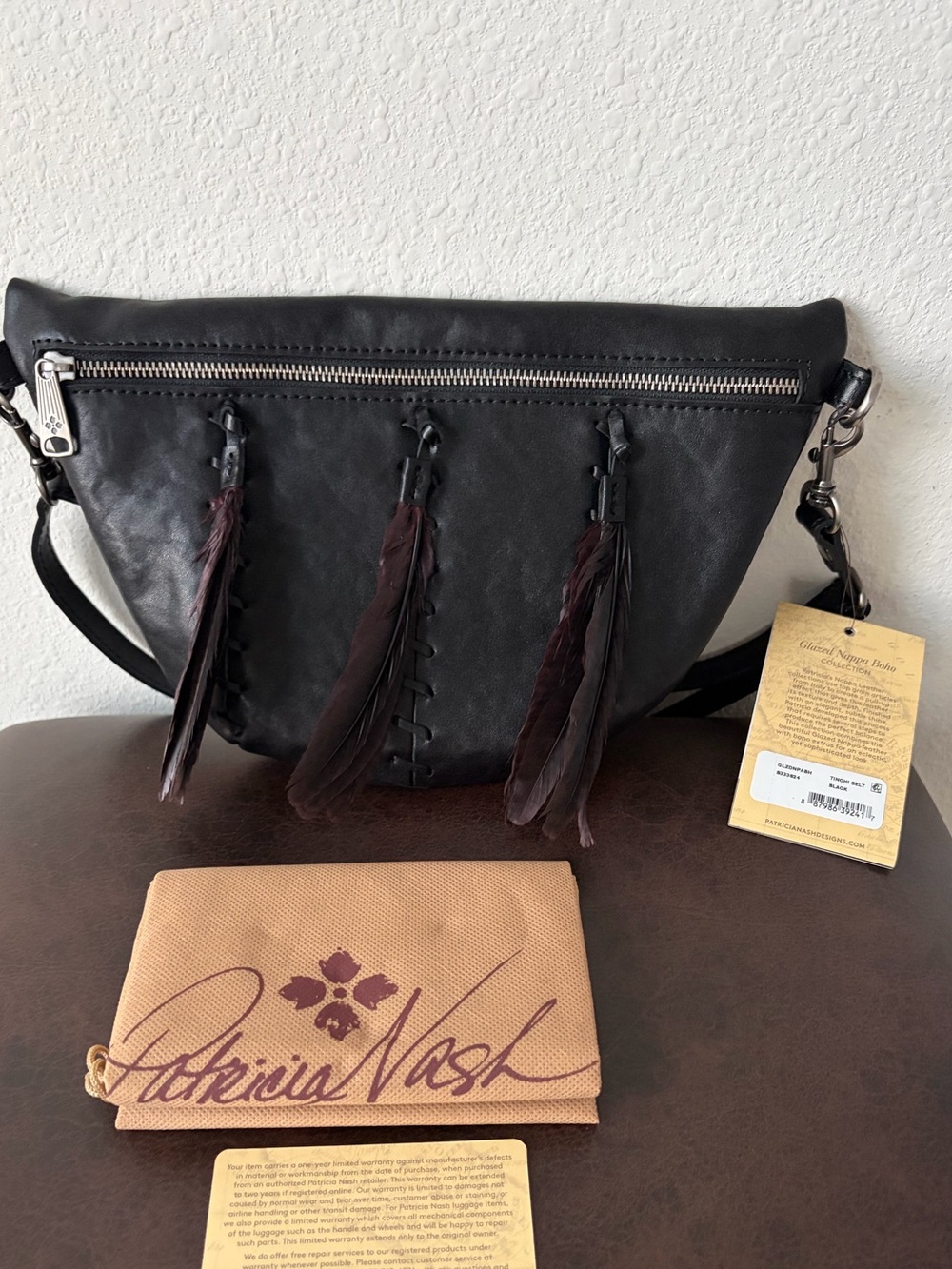 Patricia Nash TINCHI Leather FEATHER Accented Crossbody Sling Belt Bag Black NWT